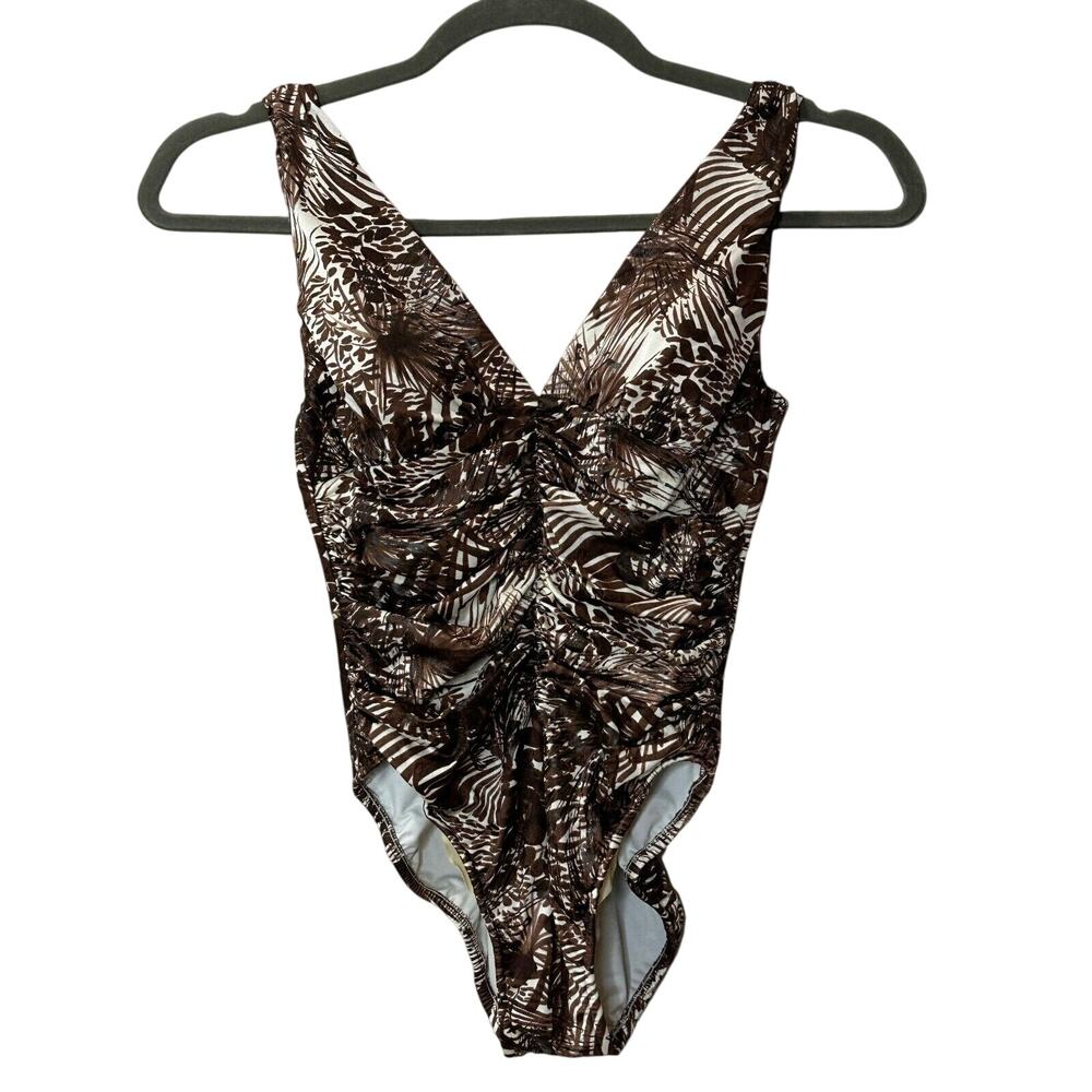 Miraclesuit V-Neck Ruched Stomach One Piece Swimsuit Brown/Cream Women's 10 FLAW